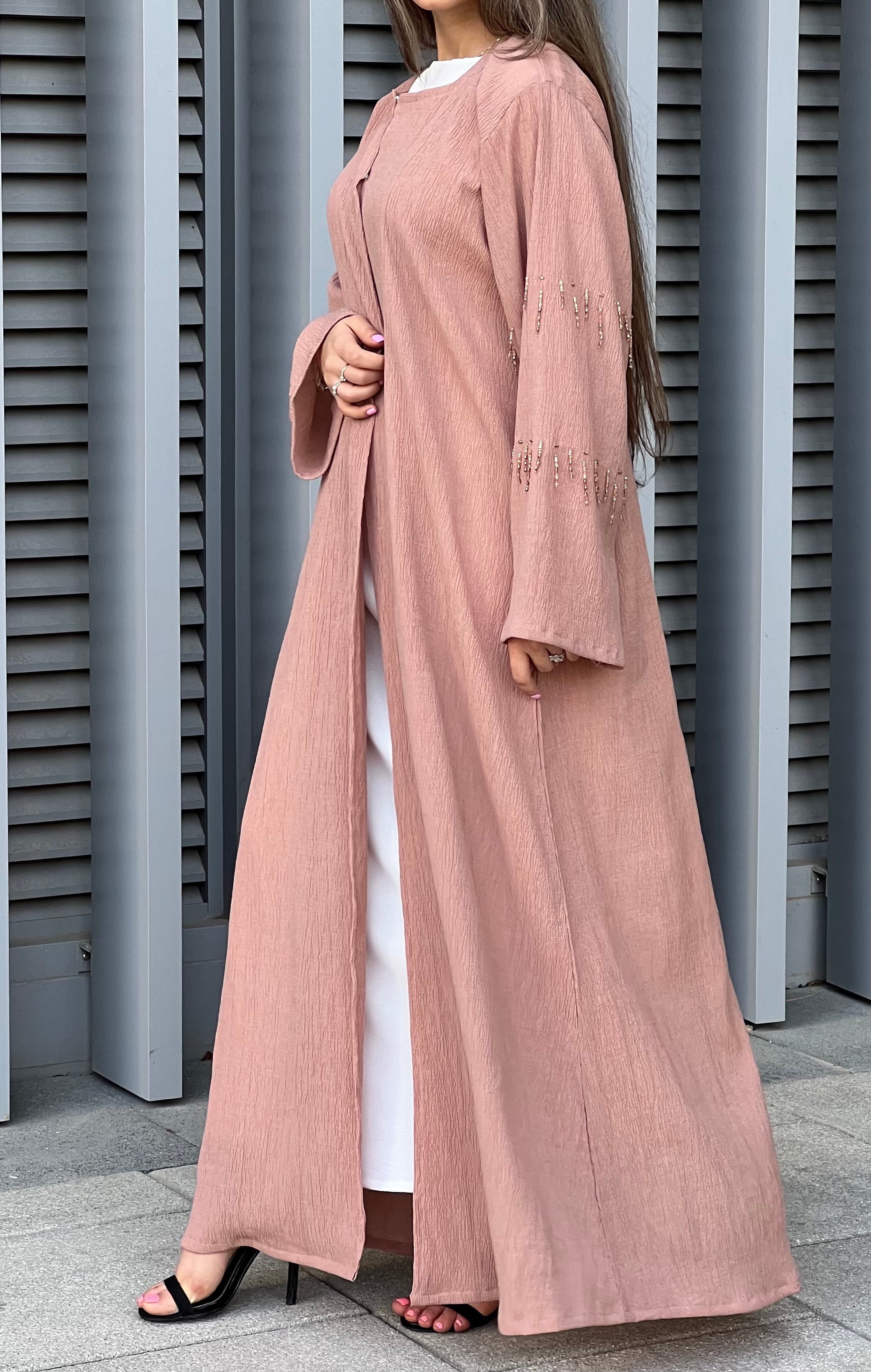 MOiSTREET Mandys Pink Fukroo Embroidery Abaya