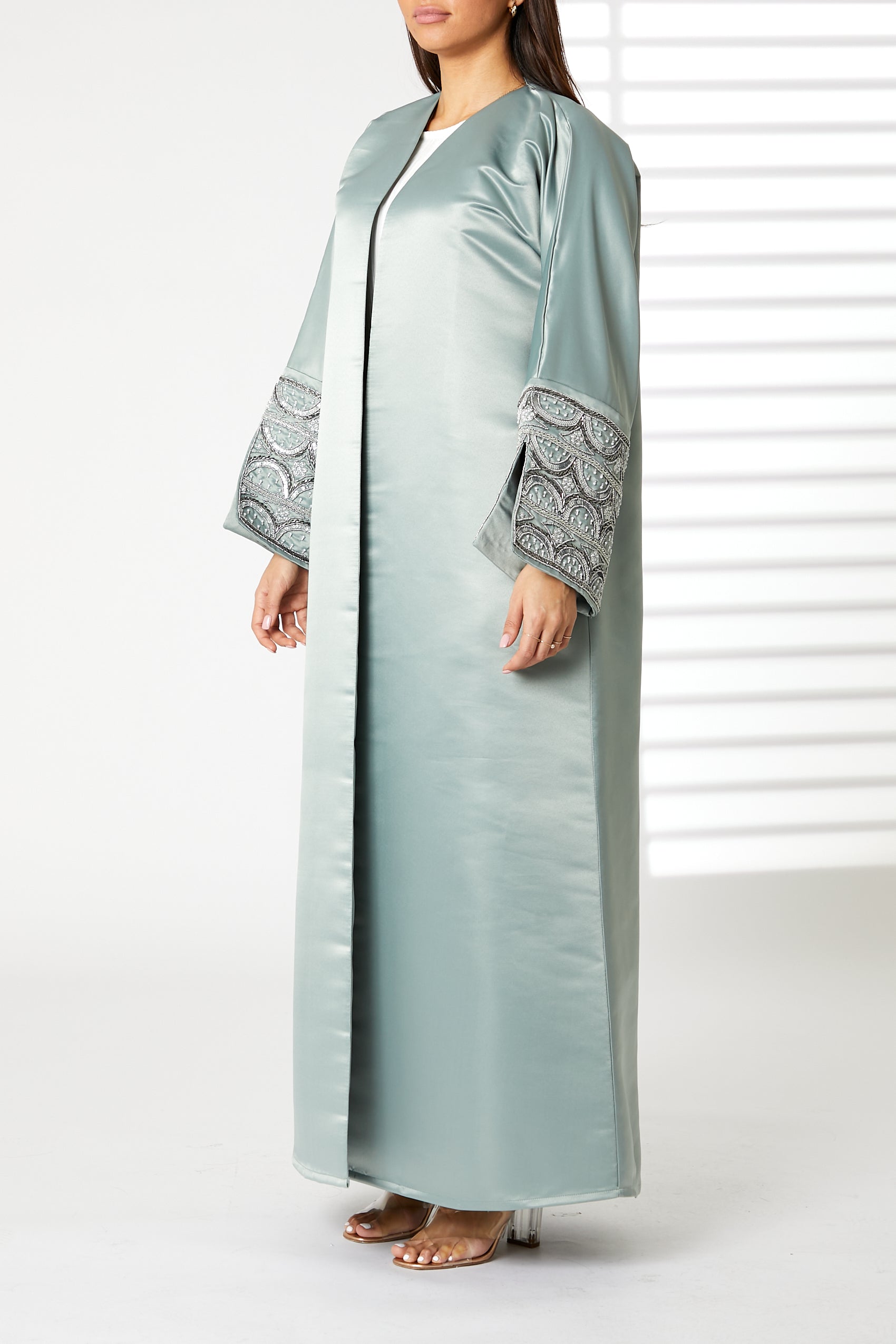 MOiSTREET Greenish Cyan V-Neck Bridal Satin Split Cuffs Abaya