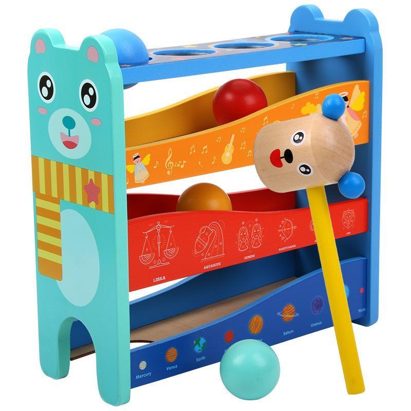 Children Wooden Ball Drop Hammer Striking Stool Toy Montessori Weighing Ball Toy