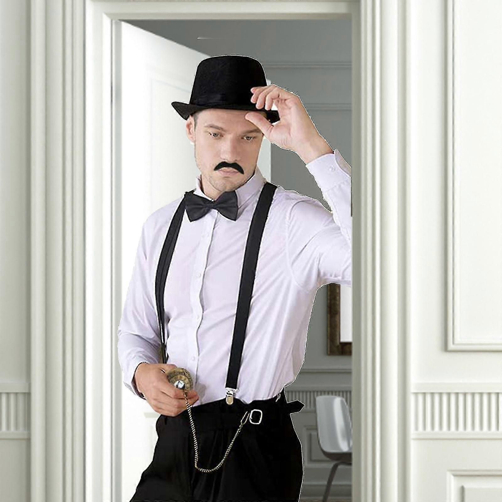 1920 Mens Gatsby Costume Accessory Set With Gangster Hat Beard Elastic Braces Neck Bow Pocket Watch