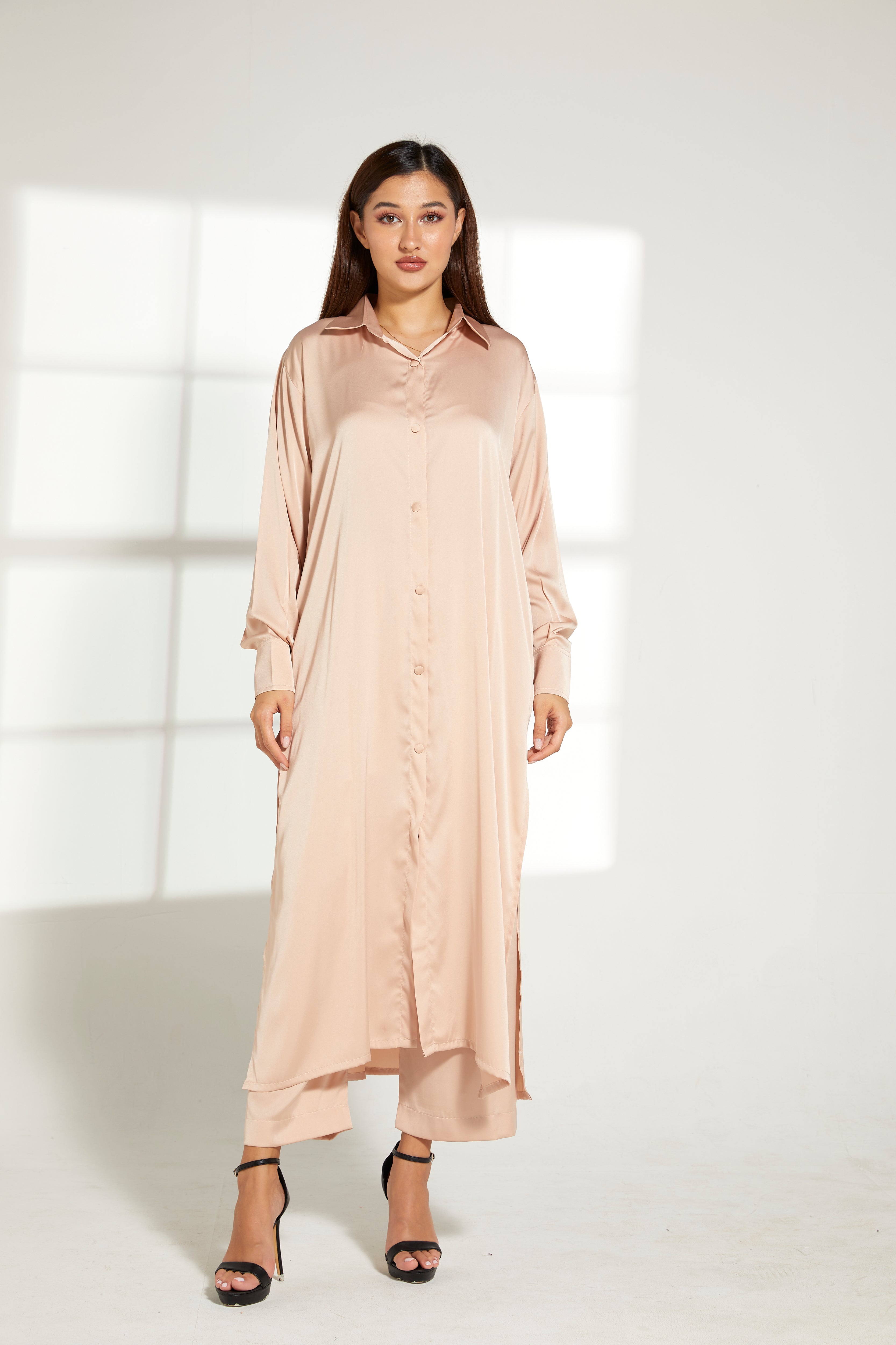 MOiSTREET Beige Silk Fabric Top and Pants Set