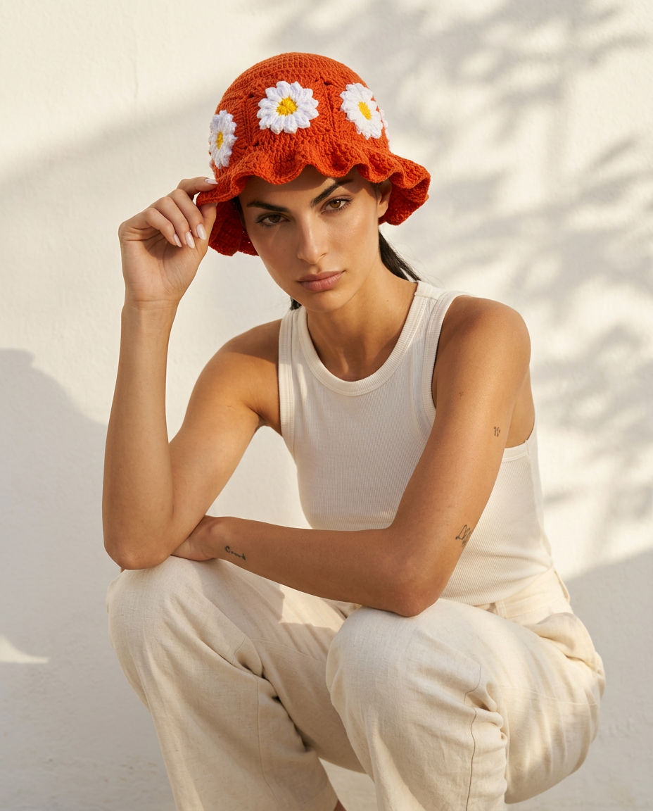 Hush and Stitch Orange Daisy Bucket Hat
