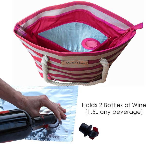 Beach Wine Purse Canvas Tote Handbag With Hidden Dispenser Insulated Compartment