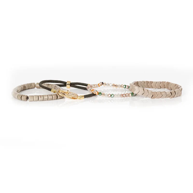 The Dark Pavé Lock Multi-Layer Beaded Bracelet Stack Sand & Olive
