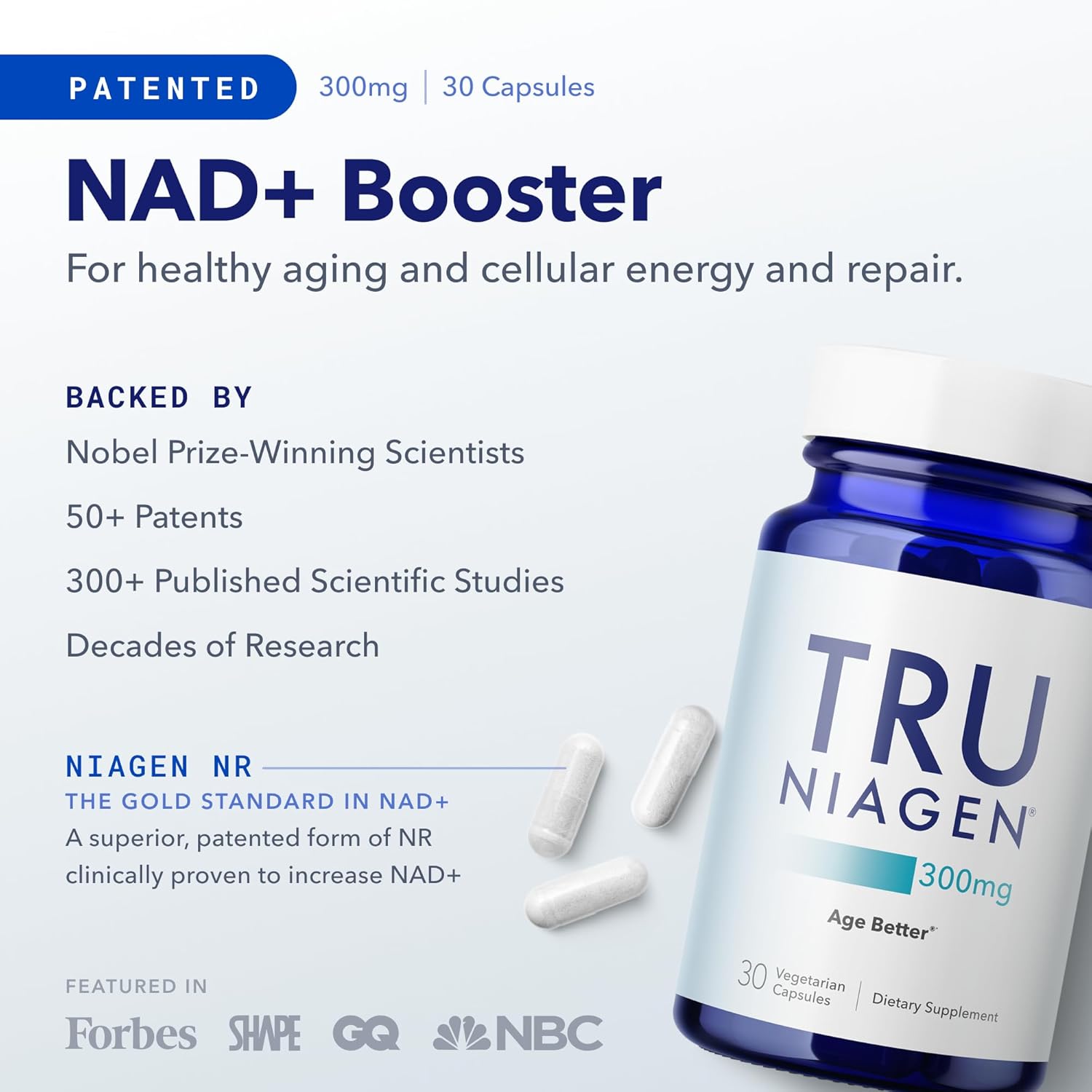 TRU NIAGEN - Patented Nicotinamide Riboside NAD+ Supplement. NR Supports Cellular Energy Metabolism & Repair, Vitality, Healthy Aging of Heart, Brain & Muscle - 30 Servings / 30 Capsules - Pack of 1