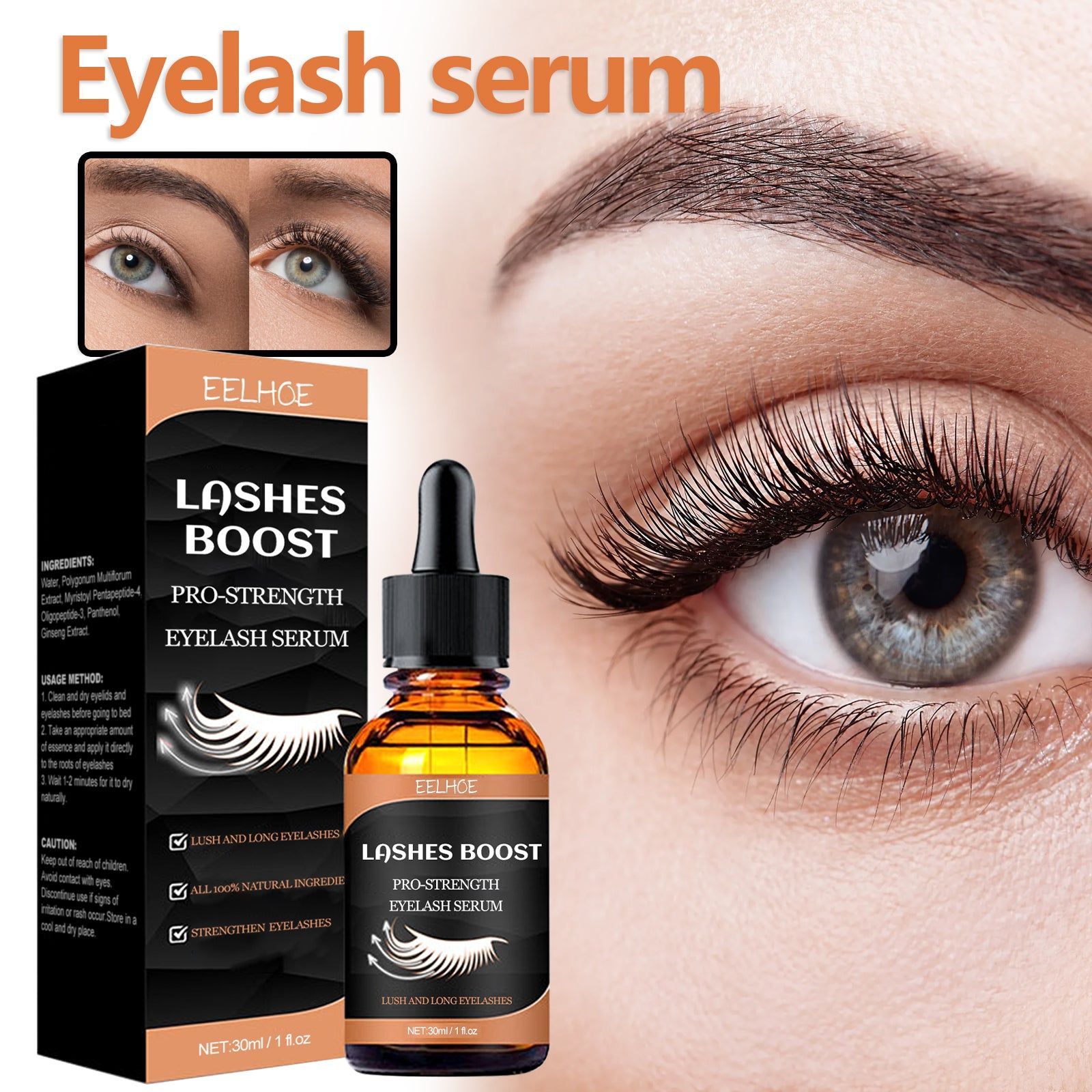 Long Eyelashes Mascara Serum, Natural Curling, Moisturizing, No Smudge, Lash Growth ,30ml