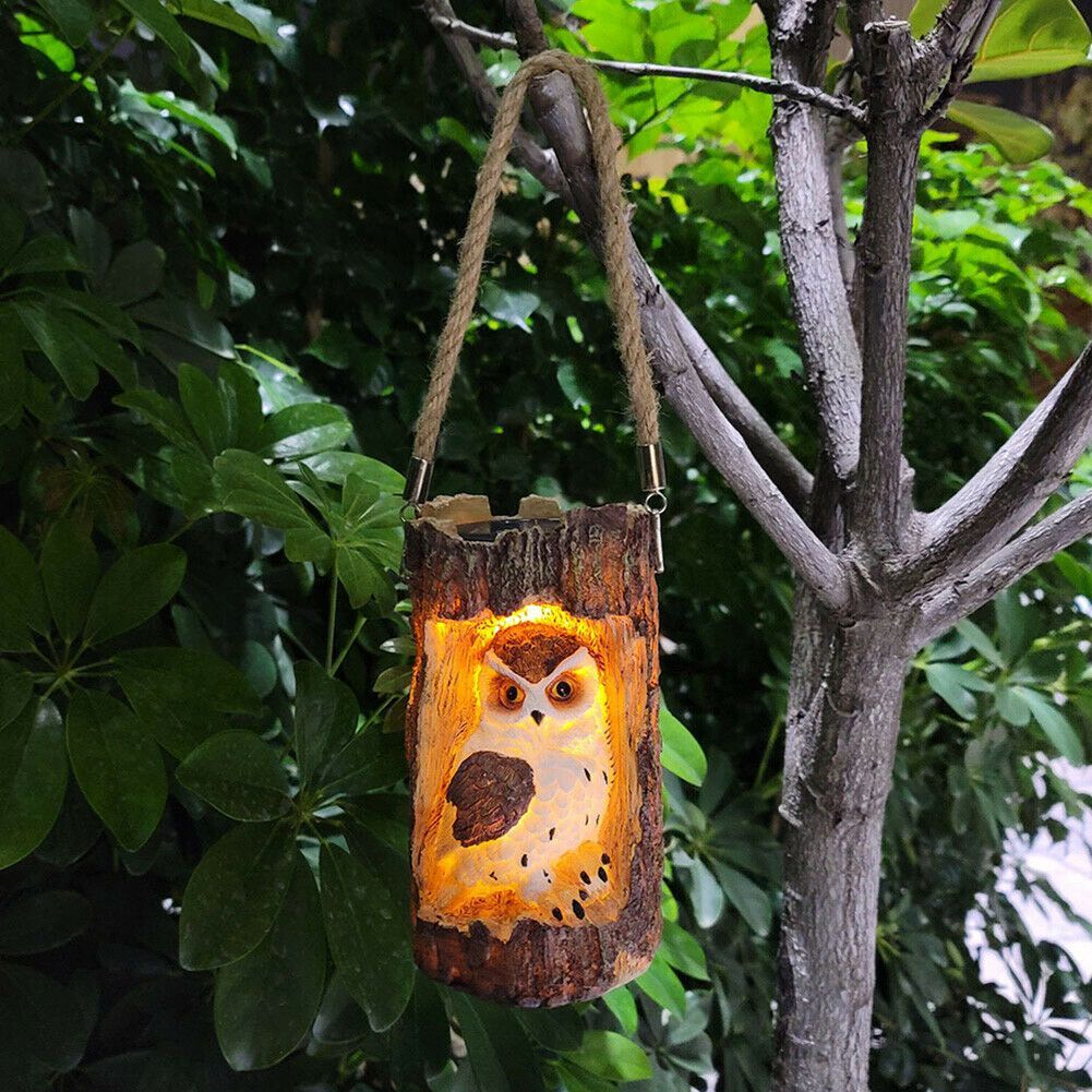 Solar Hanging Light Owl Tree Stump Lamp Lanterns Animal Statue Lanterns Garden Decoration