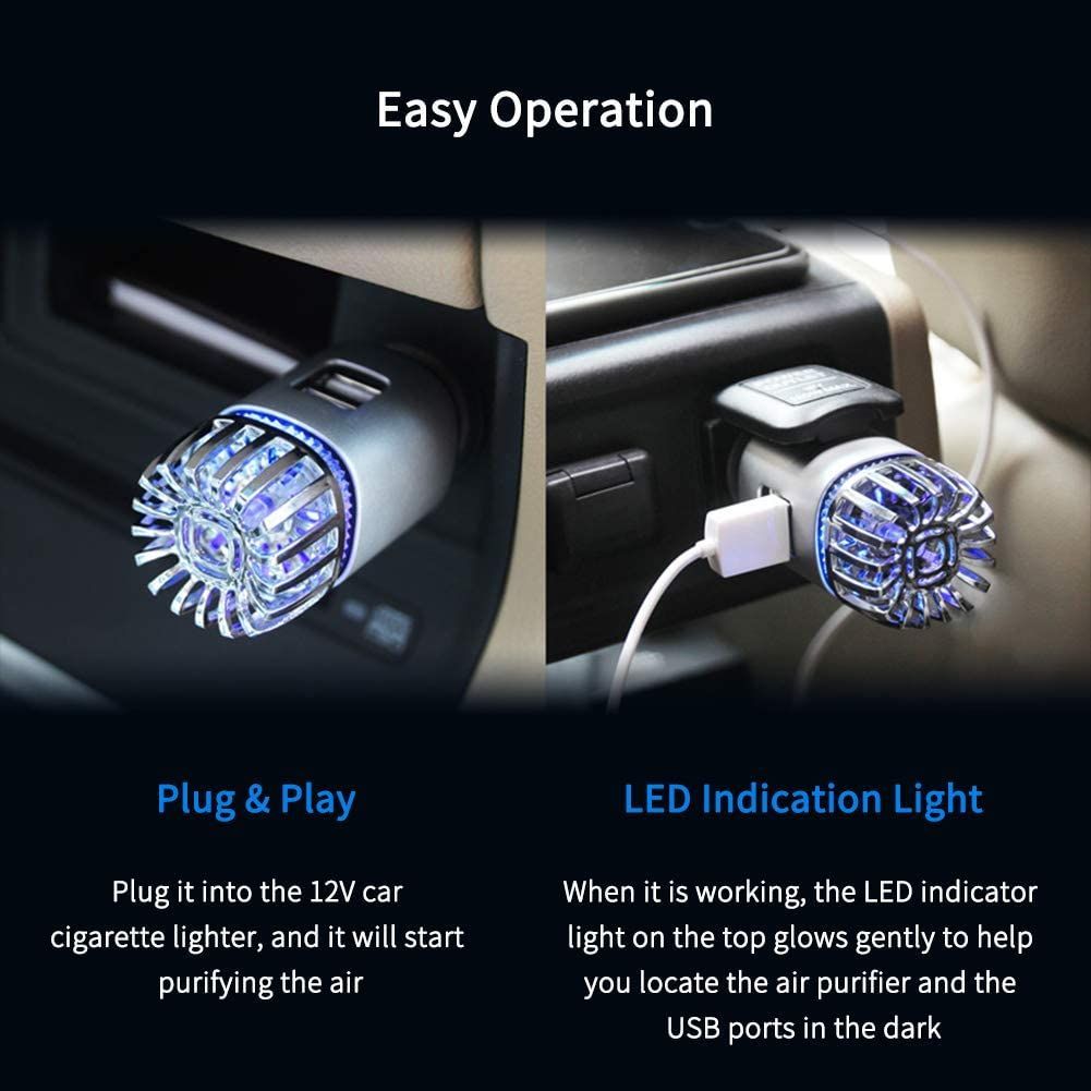 Car Air Purifier Ionizer Anti-Microbial Deodorizer Air Freshener With Dual USB Charger