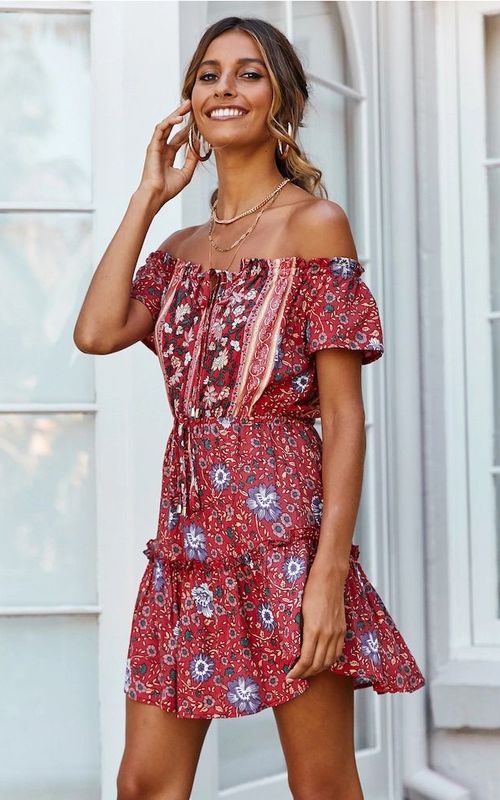 Floral Print Strapless Dress Off Shoulder Sexy Short Dress Women Vacation Beach Wear
