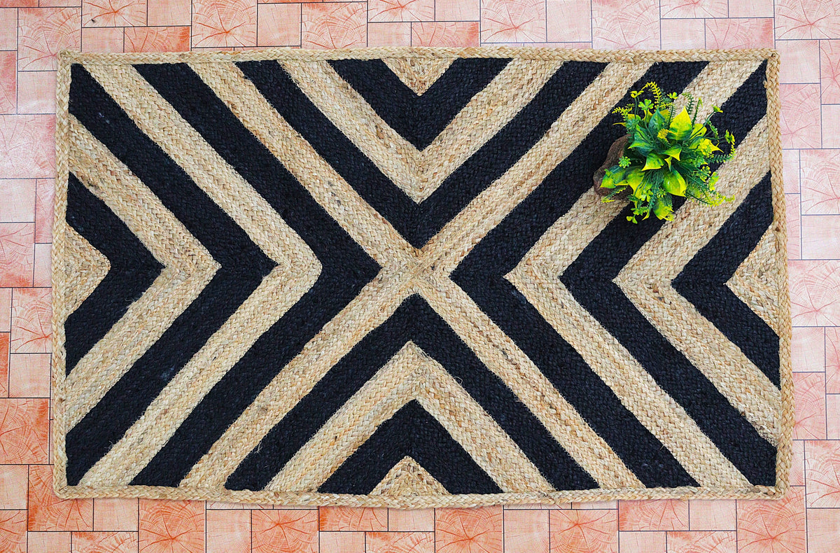 Geometric Chevron Jute Rug Black & Natural | Handwoven Rectangular Modern Carpet