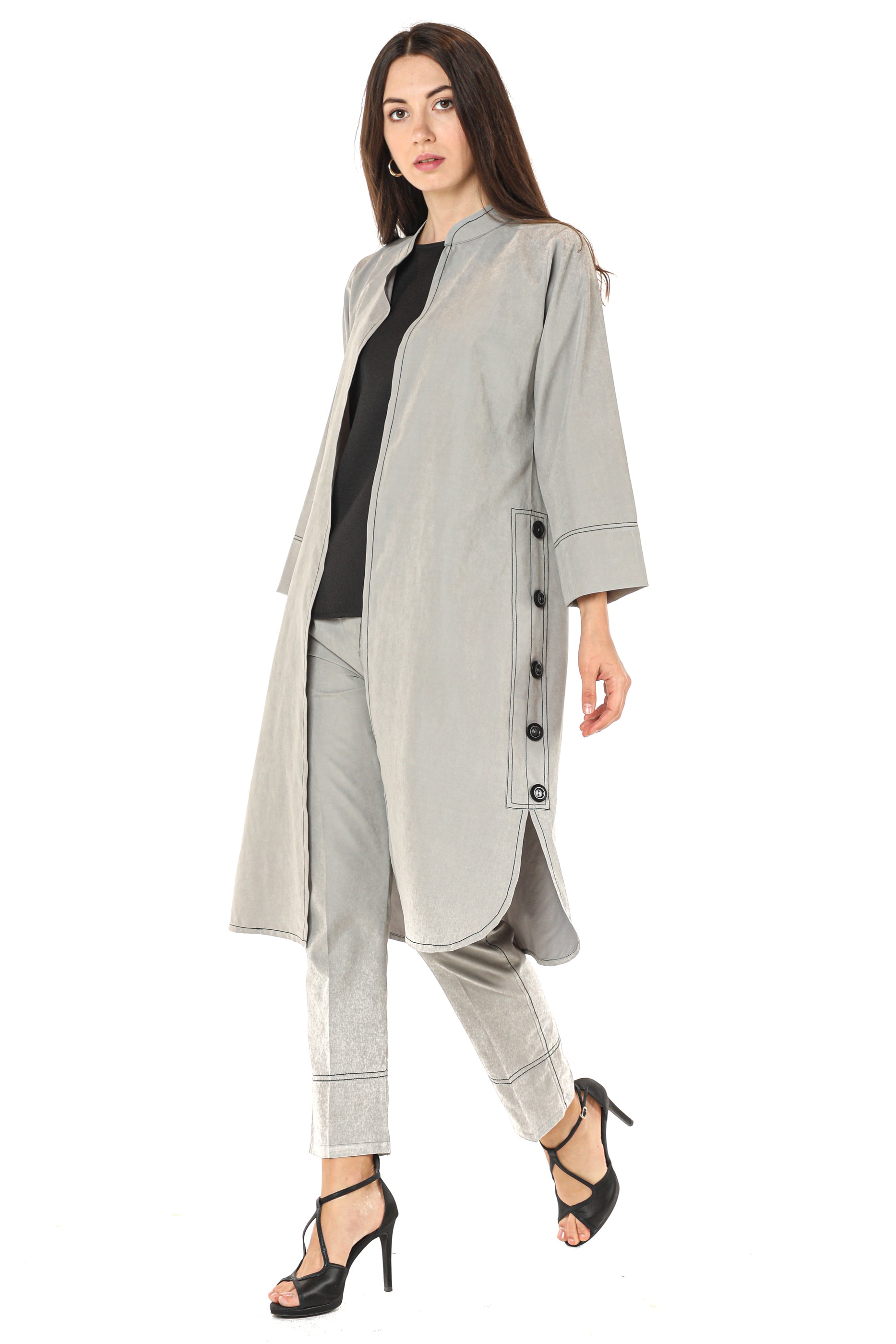 MOiSTREET Grey Shamua Fabric Jacket And Pants With Crepe Top