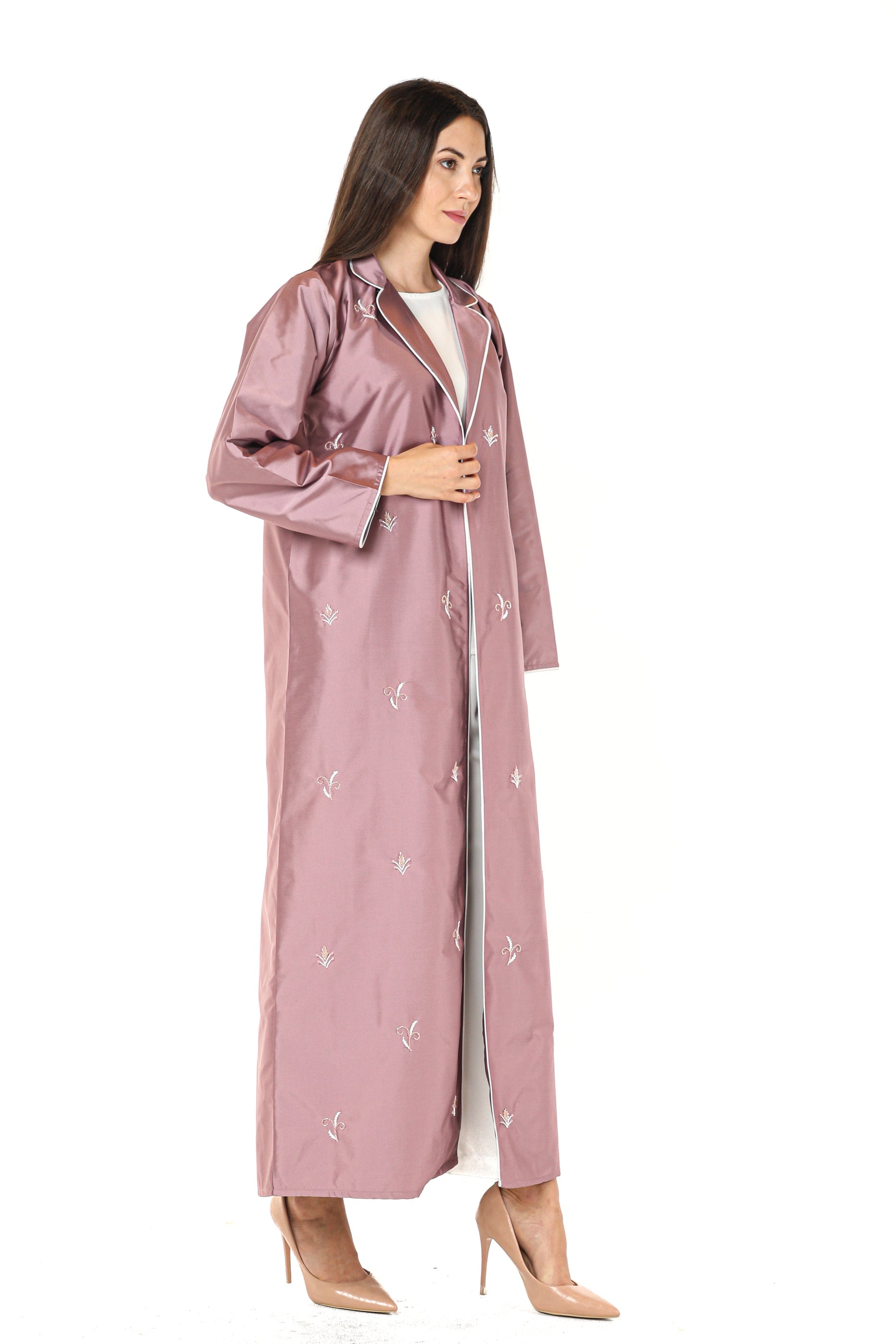 MOiSTREET Pink Victoria Satin Abaya with Embroidery