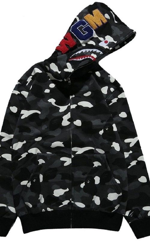 Shark Head Camo Hoodie Men Long Sleeve Zip Up Sweatshirt Hip Hop Casual Thin Coat
