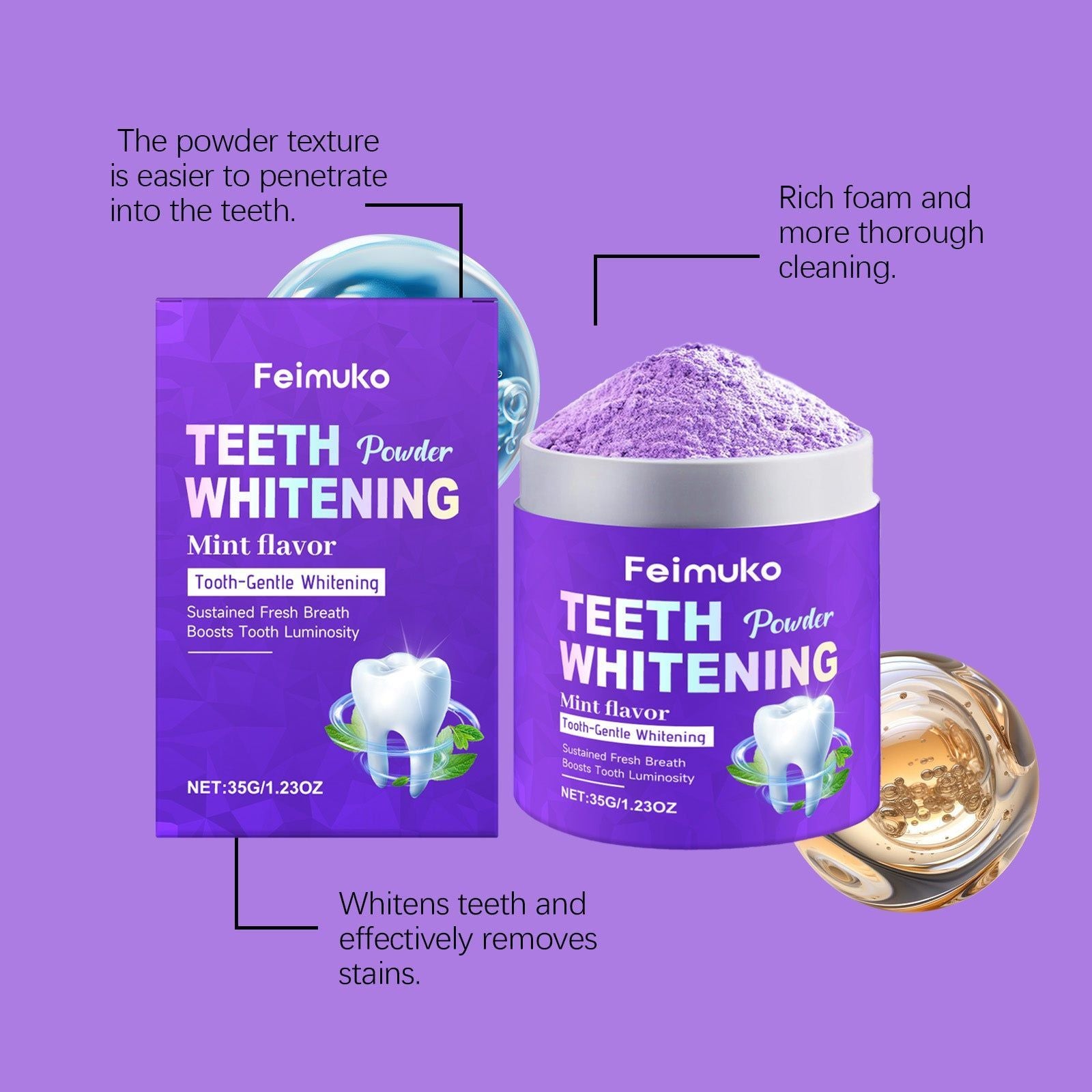 Brightening Dental Care Tooth Powder, Fresh Breath, Gentle, Portable, Stain Remover ,35g