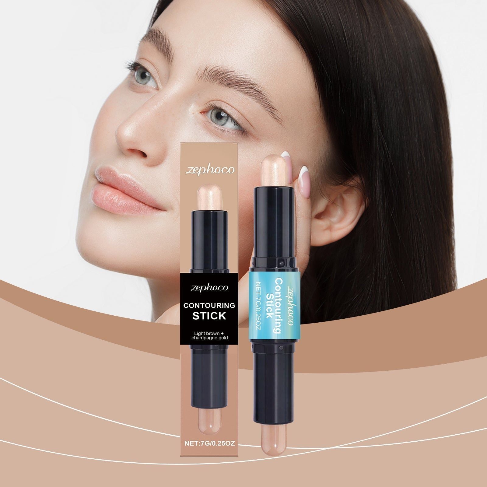 2-in-1 Face Makeup Contouring Stick, Brightening, Light Texture, Natural Glow ,7g