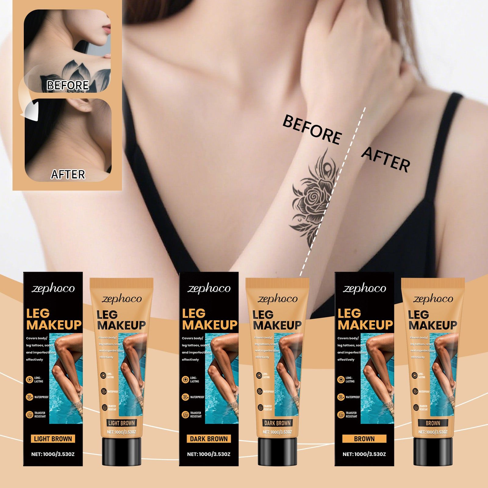 Brown Tattoo Concealer Foundation, Long-Lasting, Natural Makeup Cover for Body Tattoos ,100g