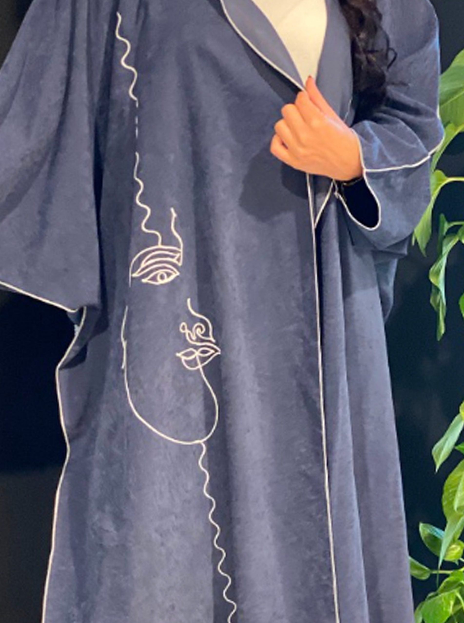 MOiSTREET Blue Bisht Style Abaya with Thread Work