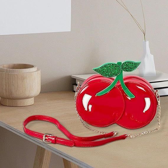 Red Cherry Bag Fun Shape Purse Handbag Summer Fruits Shiny Shoulder Bag