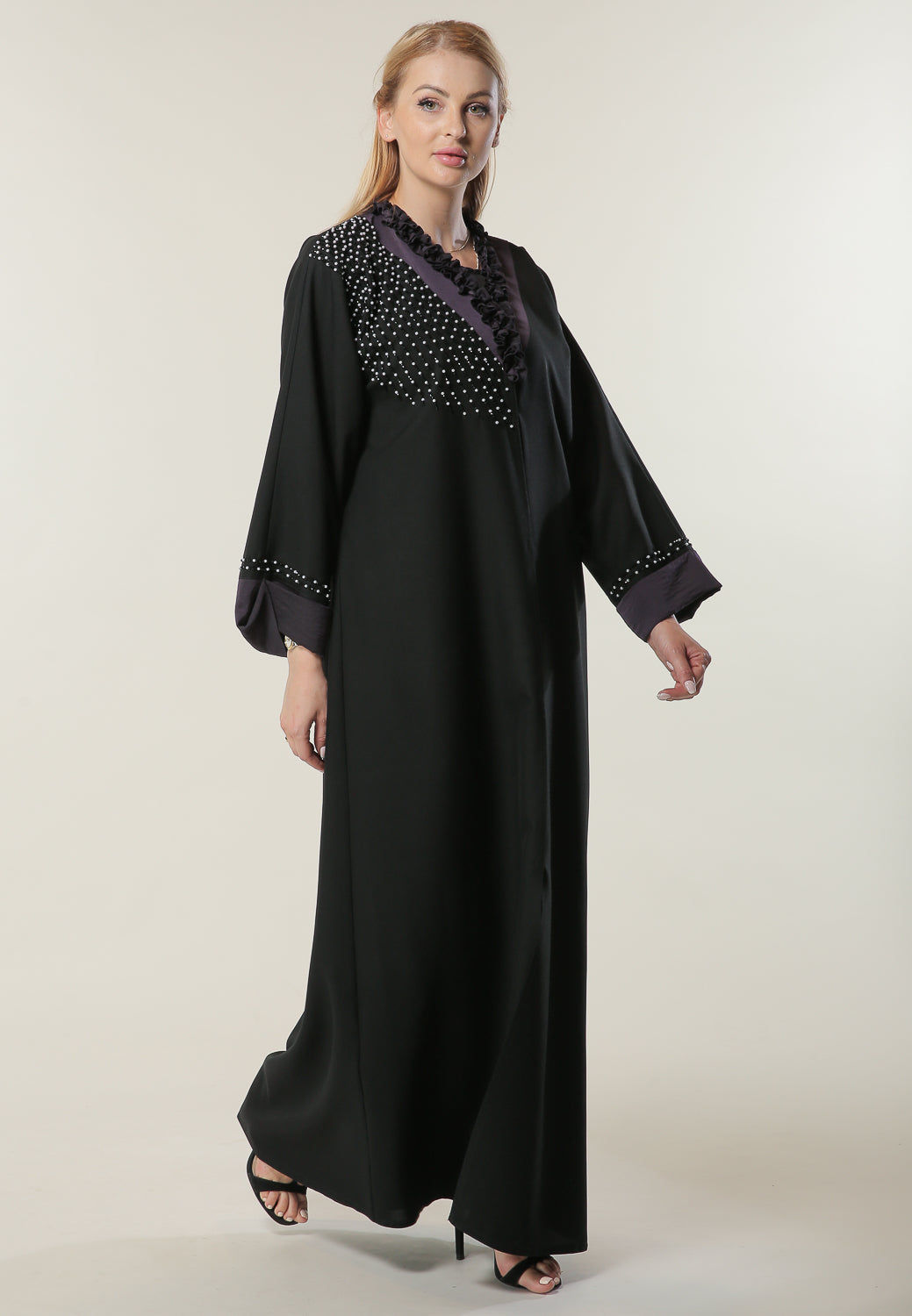 MOiSTREET Black Abaya with Pleated Collar and Hand Embroidery