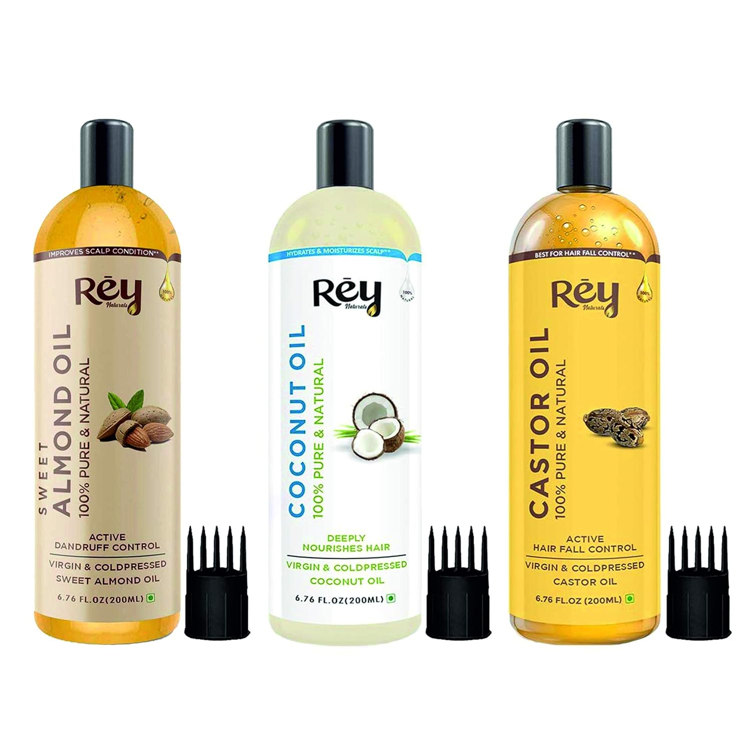Rey Naturals Cold Pressed Castor Oil + Coconut Oil + Sweet Almond Oil (200ML + 200ML + 200ML)