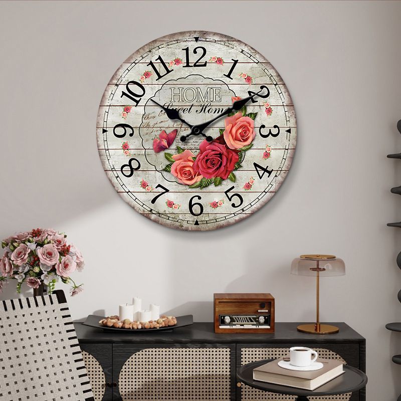 Floral Wall Clock, 12 Inch Wood Silent Vintage Rose Farmhouse Home Decor