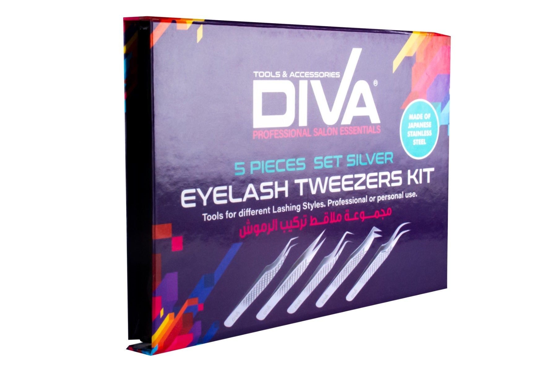 Diva Eyelash Tweezers Kit Silver, 5pcs Sk7003