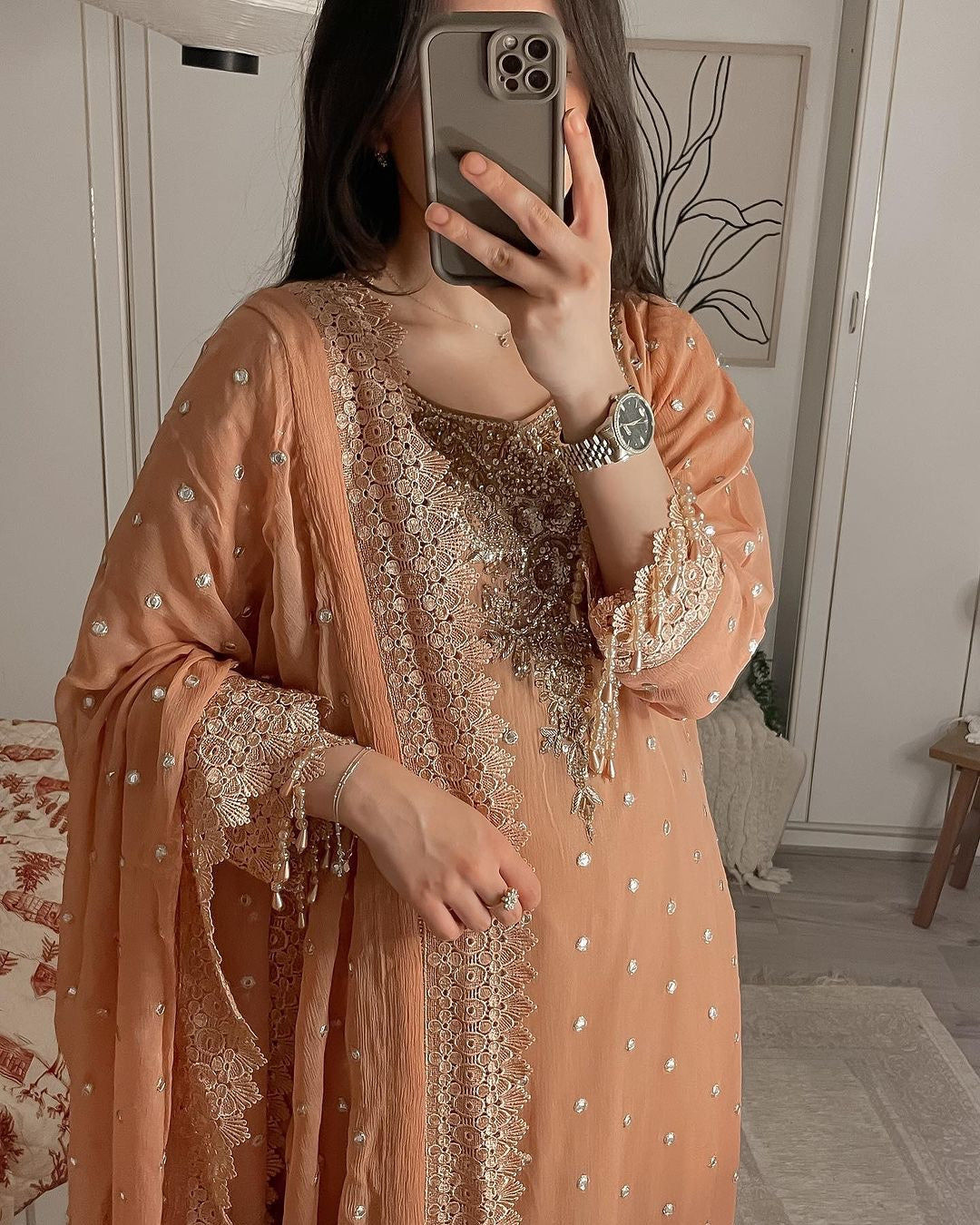Designer Top Bottom & Dupatta With Pal Moti Hand Work