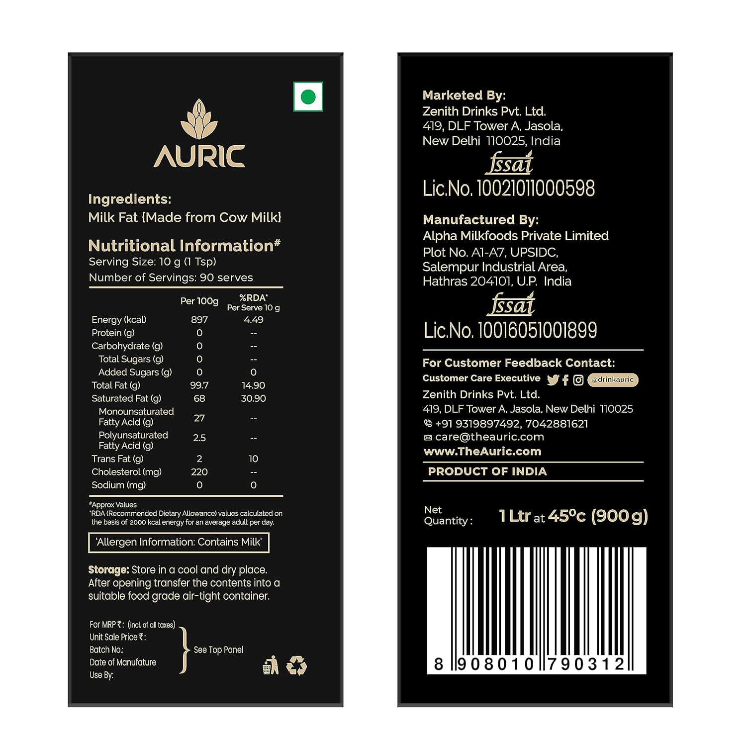 Auric Premium Cow Ghee Lab Certified 1000 ml (900g)
