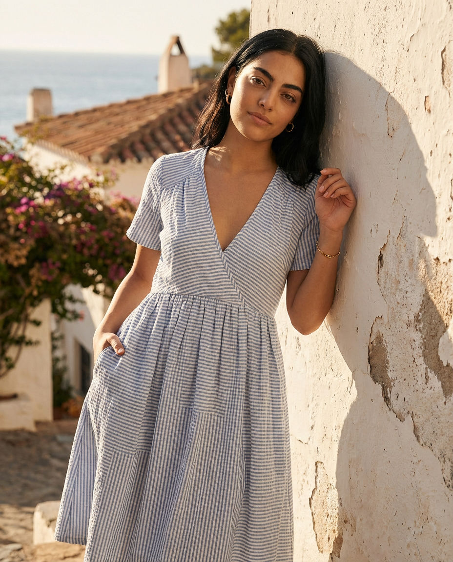 Urban Outfitters Striped Seersucker V-Neck Wrap Mini Dress