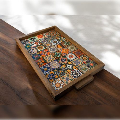 Handmade Ceramic Tile Wooden Serving Tray – Rustic Bohemian Coffee Table Decor
