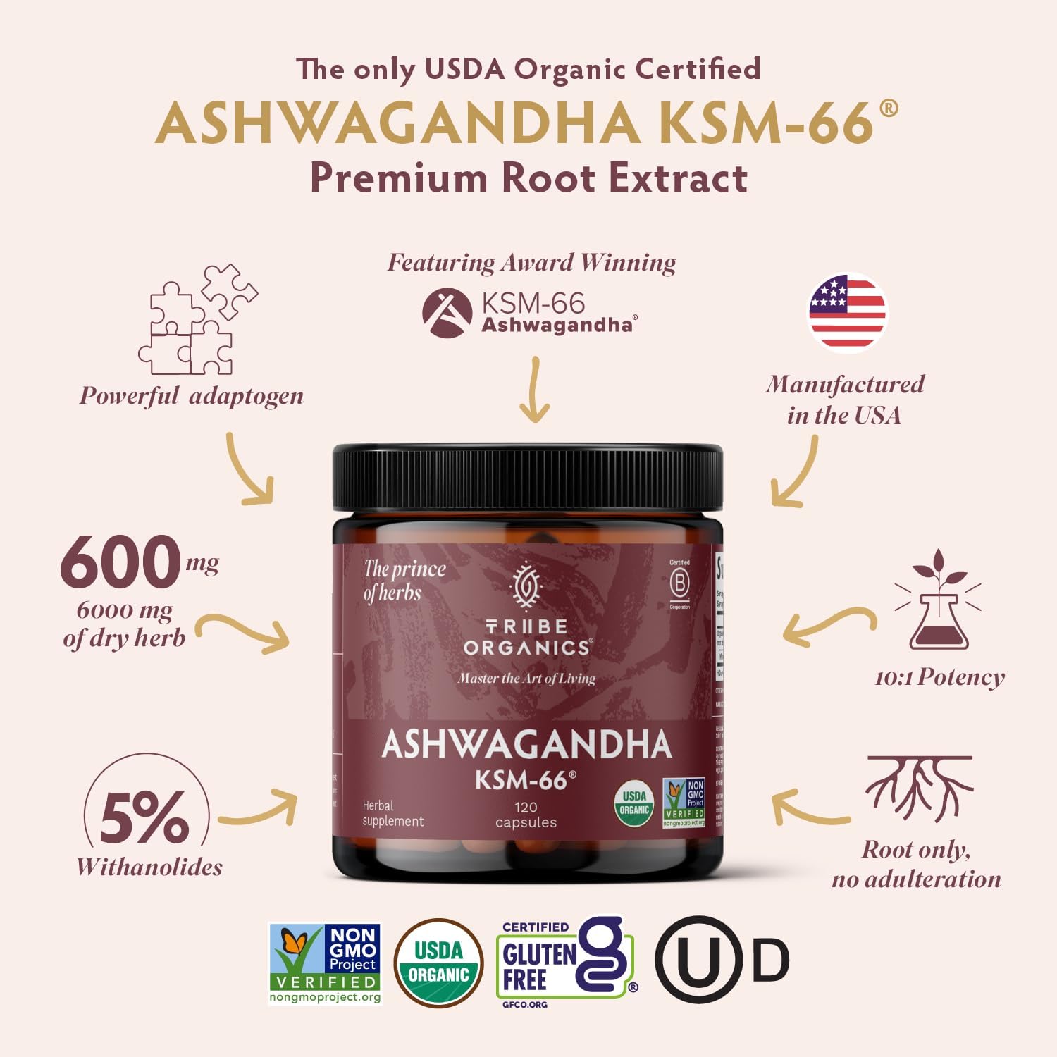 Tribe Organics Ashwagandha KSM 66 Pure Organic Root Powder 90 Capsules