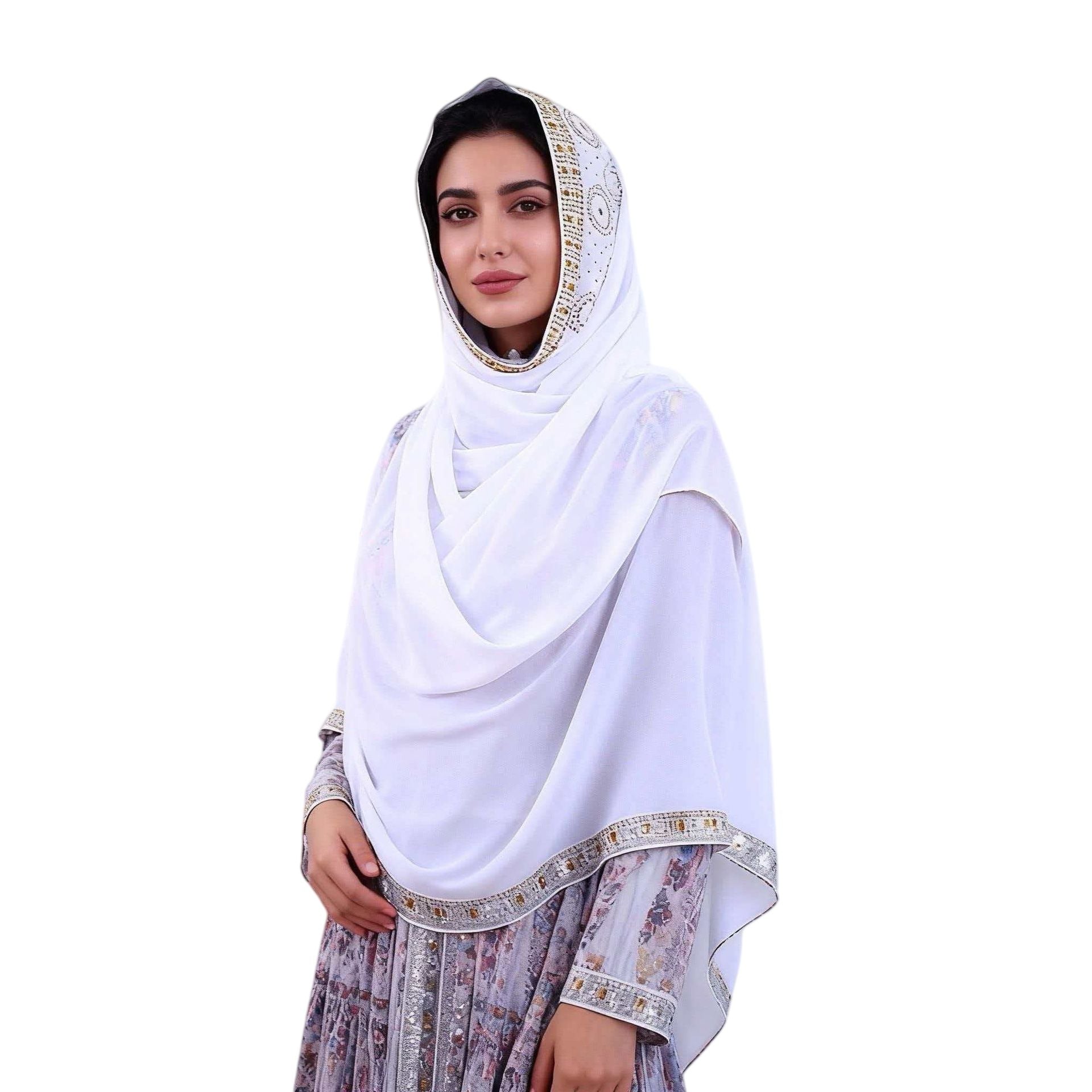 White Chiffon Pearl Lace Hijab Scarf for Women