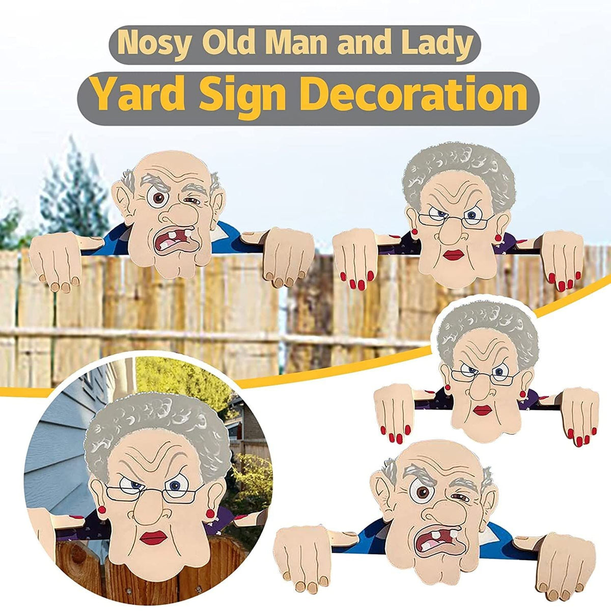 Garden Illustration Wodden Fence Decoration Nosy Old Man And Lady Garden Art Courtyard Ornament