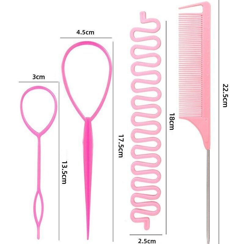 6Pcs Pink Hair Braiding Tool Set with Combs & Clips