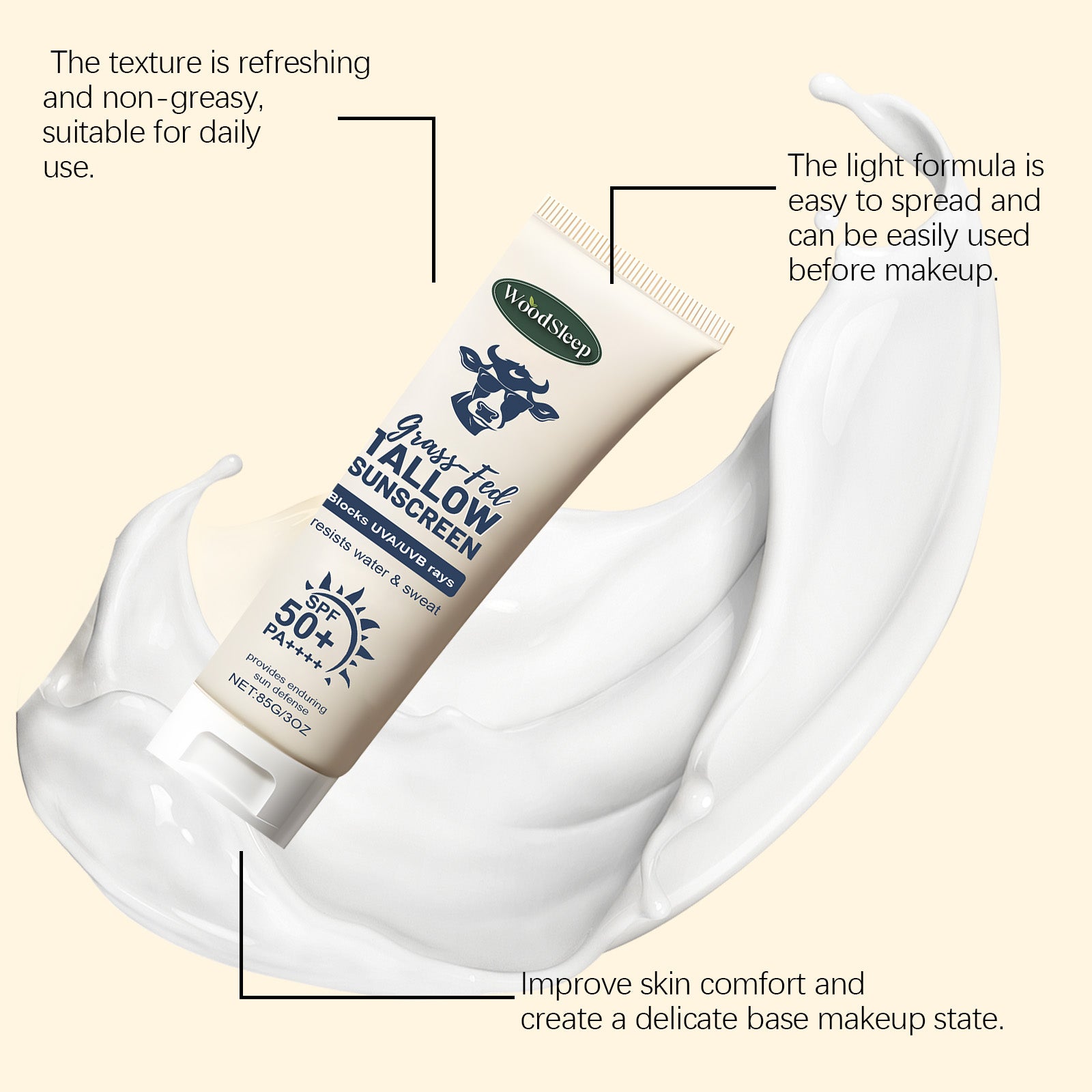 Beef Tallow Facial Protection Waterproof Sunscreen, UV & Moisturizer ,83g