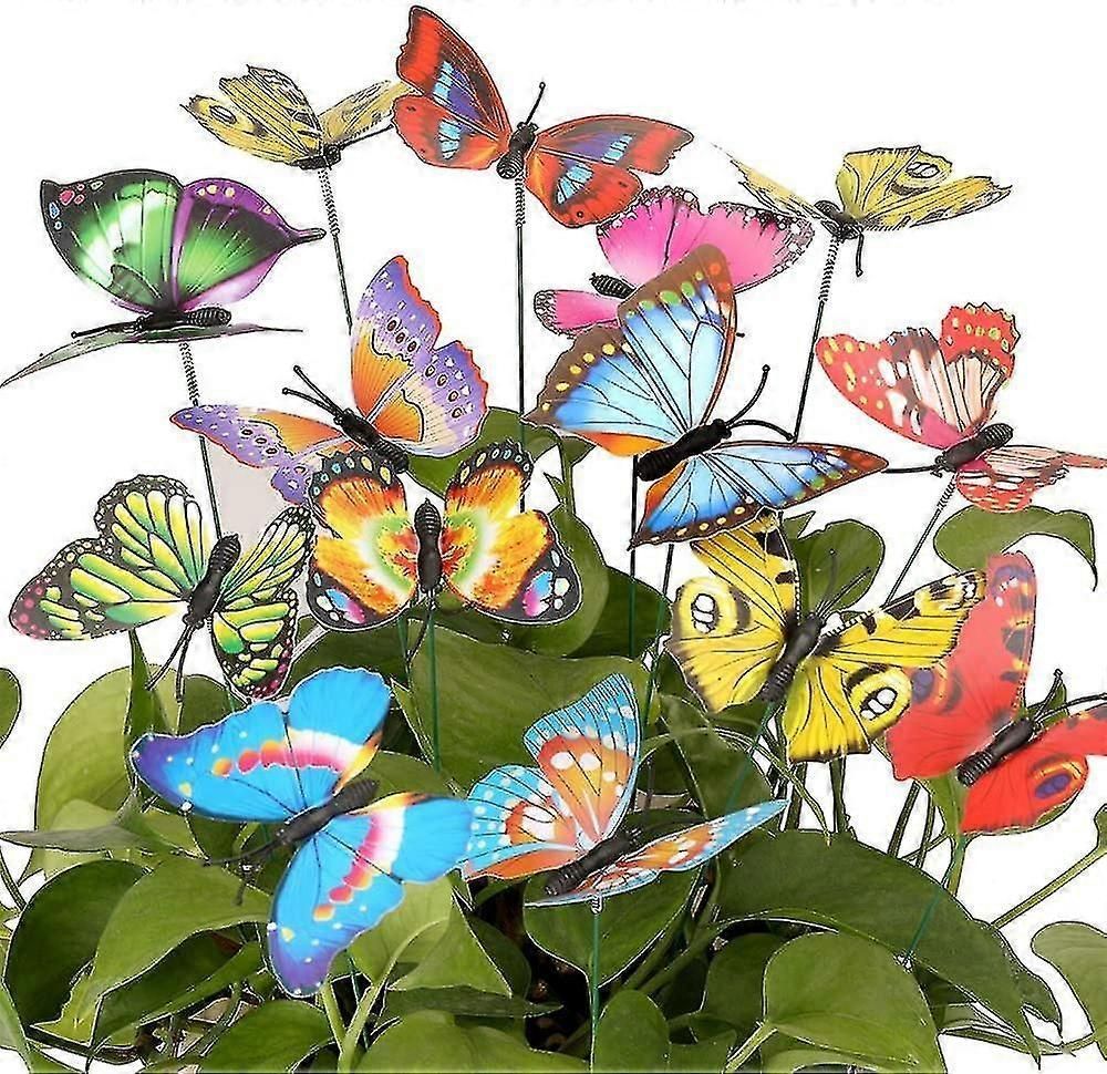 Lot Of 50 Colorful Butterflies Of 7 Cm For Garden Decoration On Butterfly Sticks