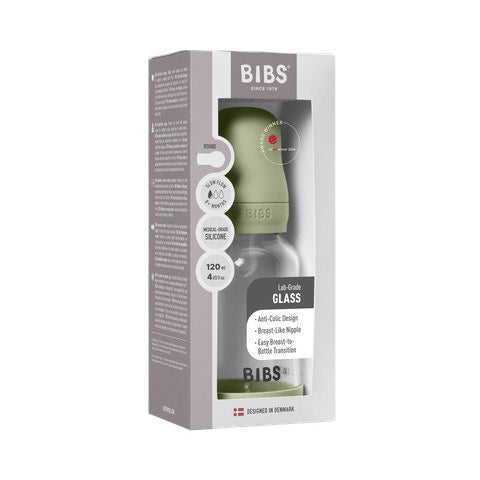 BIBS Glass Baby Bottle Round Latex 120 ml (0 - 3M Sage)