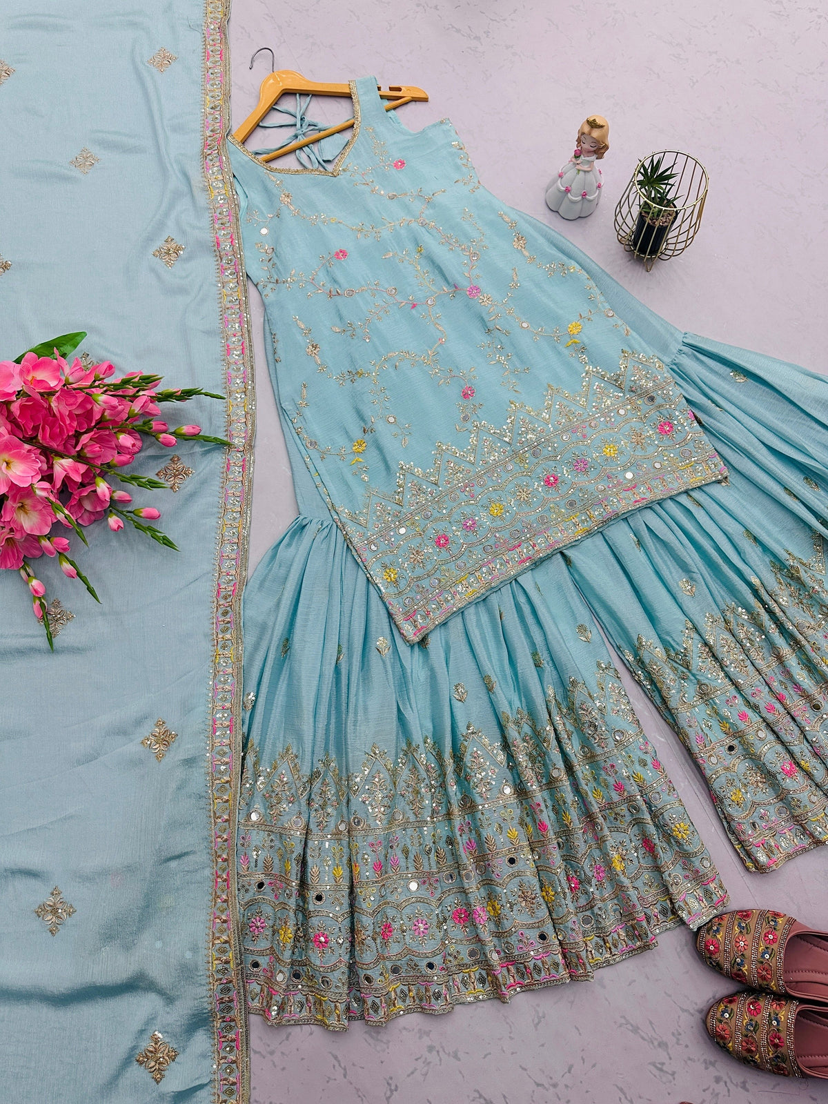 Fab Zone Designer Party Wear Look Suit Set With Embroidery Threads Work