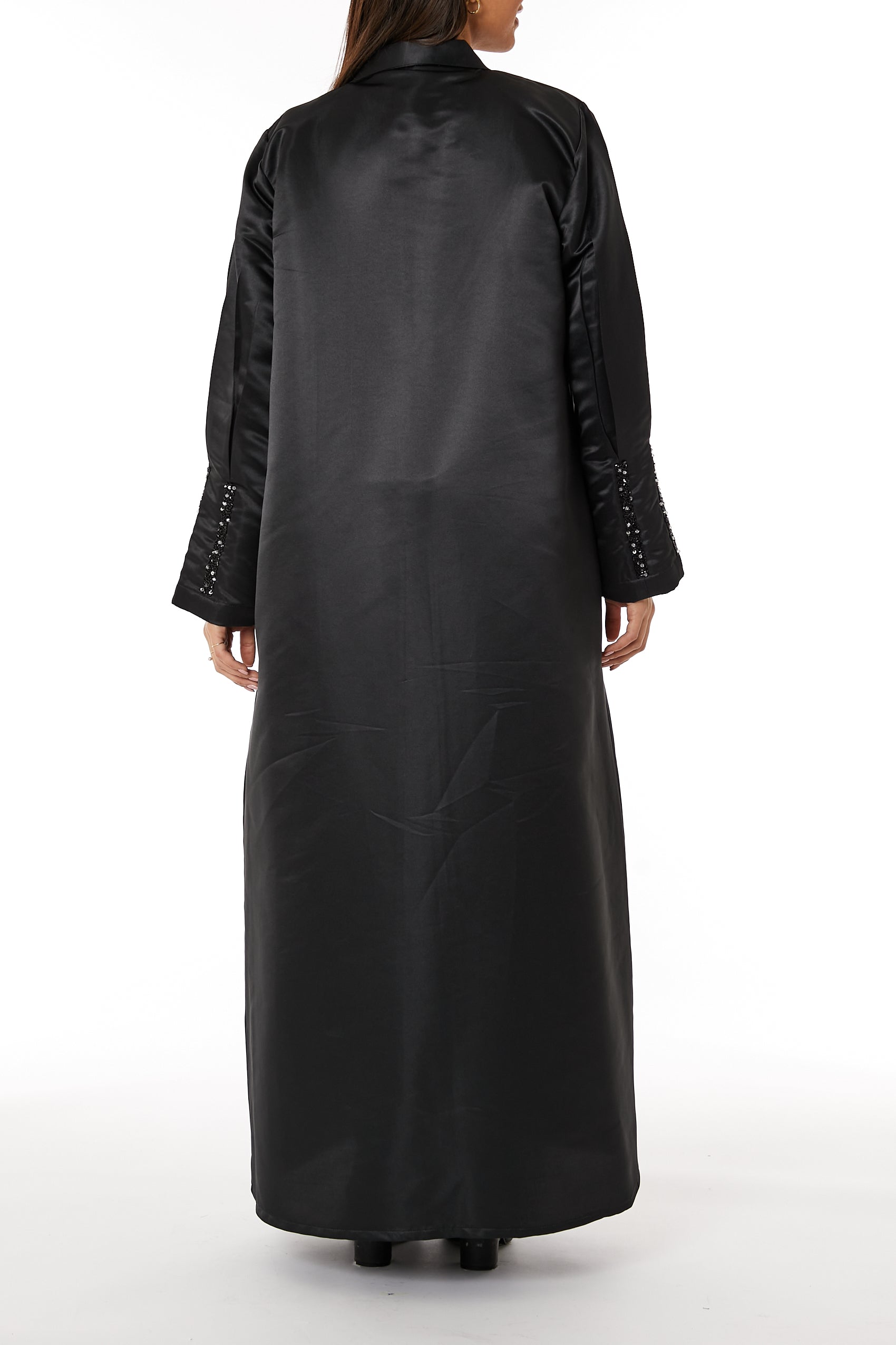 MOiSTREET Black Bridal Satin Abaya with Lapel Collar