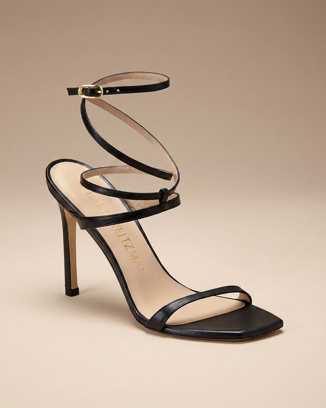 Stuart Weitzman Ellsie Black Strappy Leather Stiletto Sandals