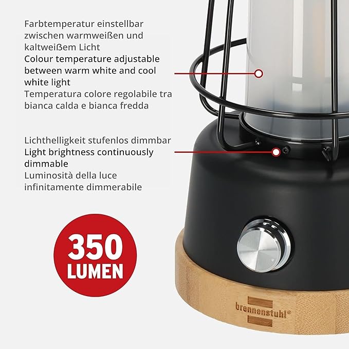 Brennenstuhl 1171800010 LED Rechargeable Camping Lantern Cal 1 (350 lm, IP44, up to 75h Burn time, infinitely dimmable, Adjustable Colour Temperature, Rechargeable Camping Light with Hemp Rope and Bamboo Base)