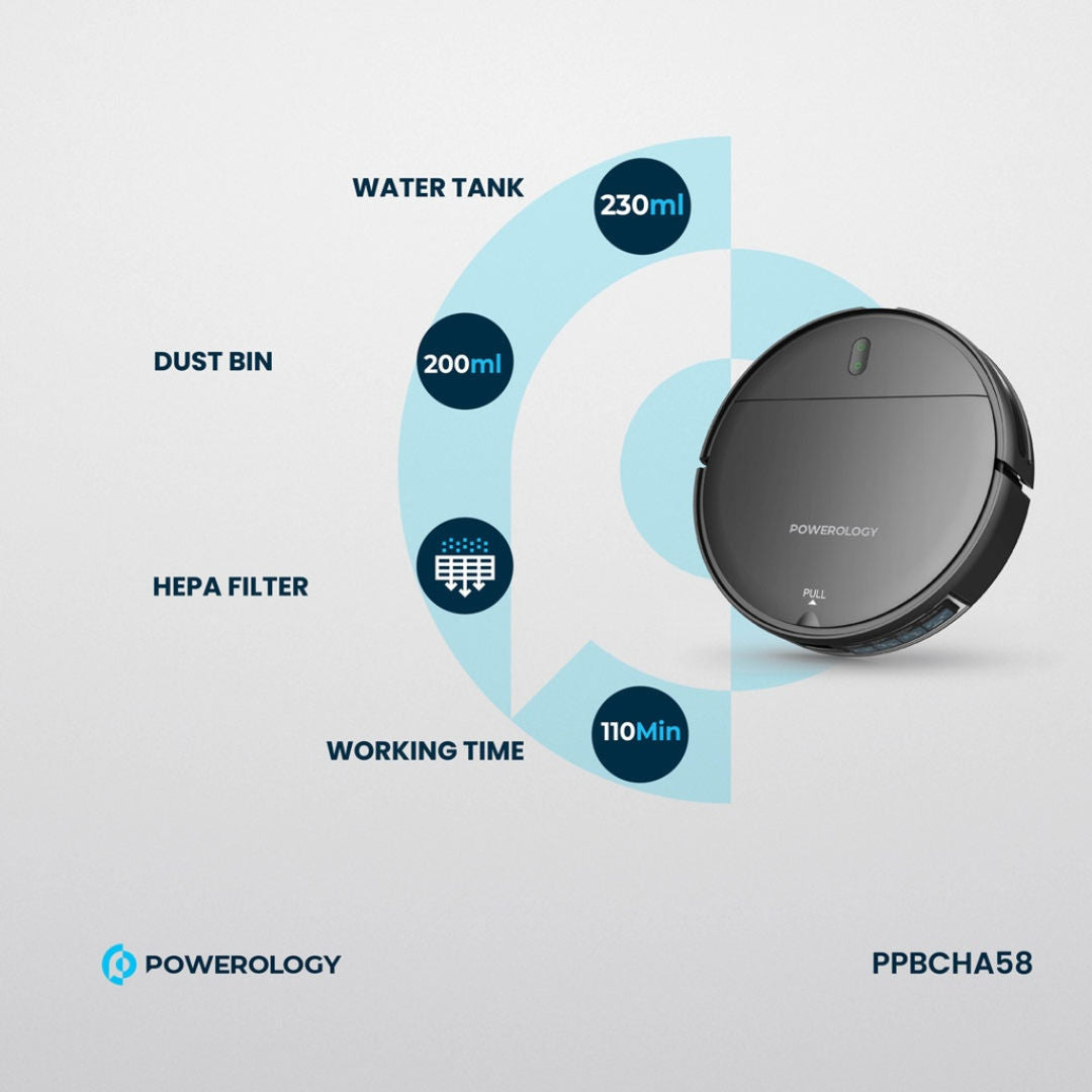 Powerology Smart Robovac Vacuum & Mop, Wi-Fi Control, Black