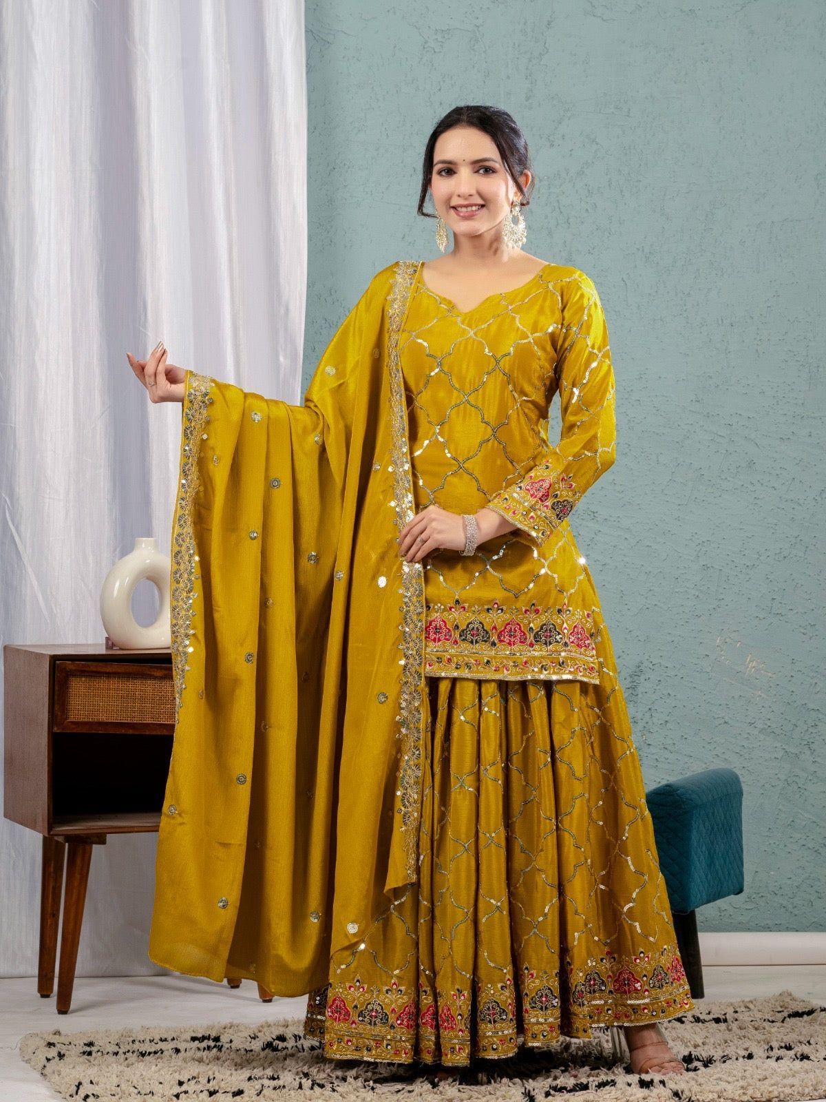 Fab Zone Women’s Designer Chinon Silk Top Sharara Set with Dupatta