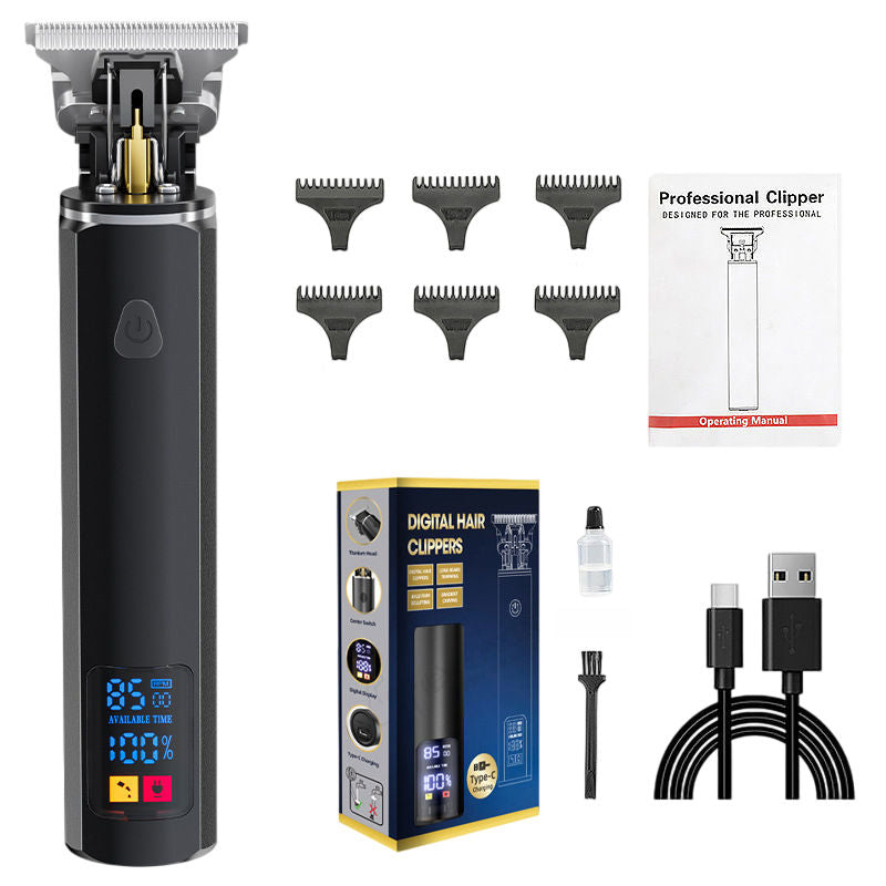 Black Electric Hair Clipper with Digital Display and 6 Adjustable Combs