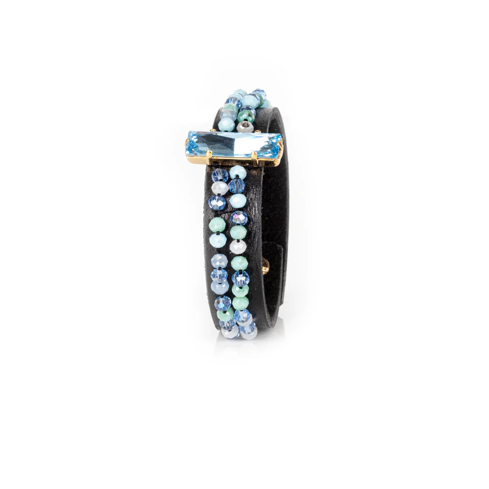 The Dark Azure Crystal Beaded Leather Cuff Bracelet