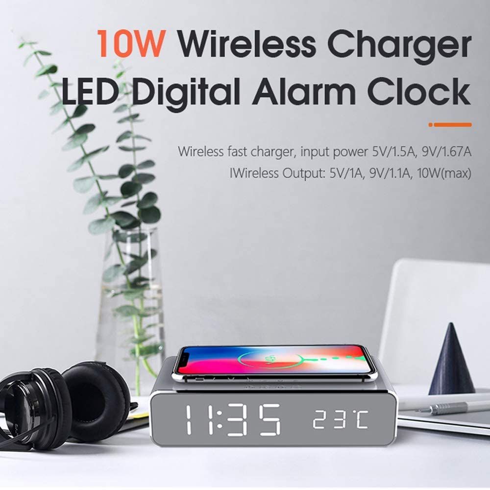 LED Wireless Charger Pad Dock Alarm Clock With Time Temperature Display
