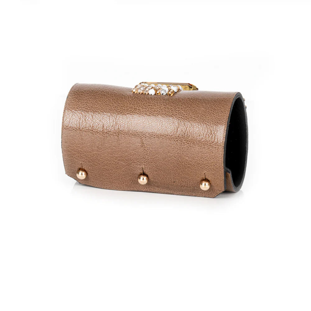 The Dark Champagne Grid Cuff Taupe Leather Crystal Statement Bracelet