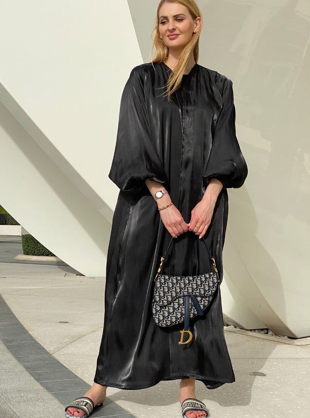 MOiSTREET Shimmery Bubble Sleeves Black Abaya Set with Under Dress & Sheila