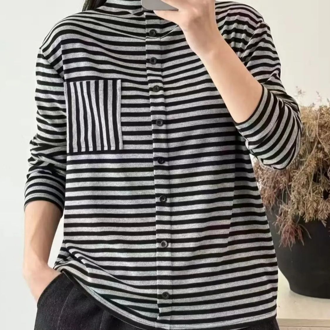 Striped Loose Fit Button Long Sleeve Base Shirt For Women