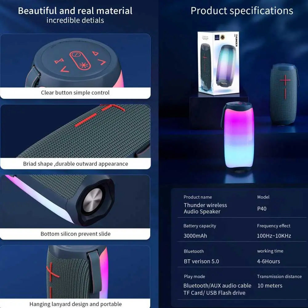 WiWU P40 Thunder Portable LED Bluetooth Speaker, IPX6 Waterproof, RGB Lights, Multi-Playback, Dark Blue